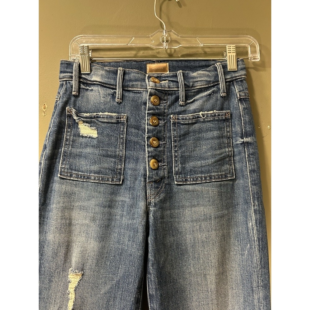 Mother Jeans Patch Pocket Hustler Flare Sz 26x32 Natural Born Trouble Raw Hem